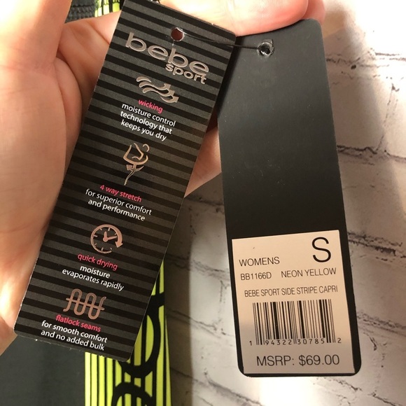 BEBE Sport Yellow Side Stripe Capri Leggings Black Size Small - Picture 4 of 6